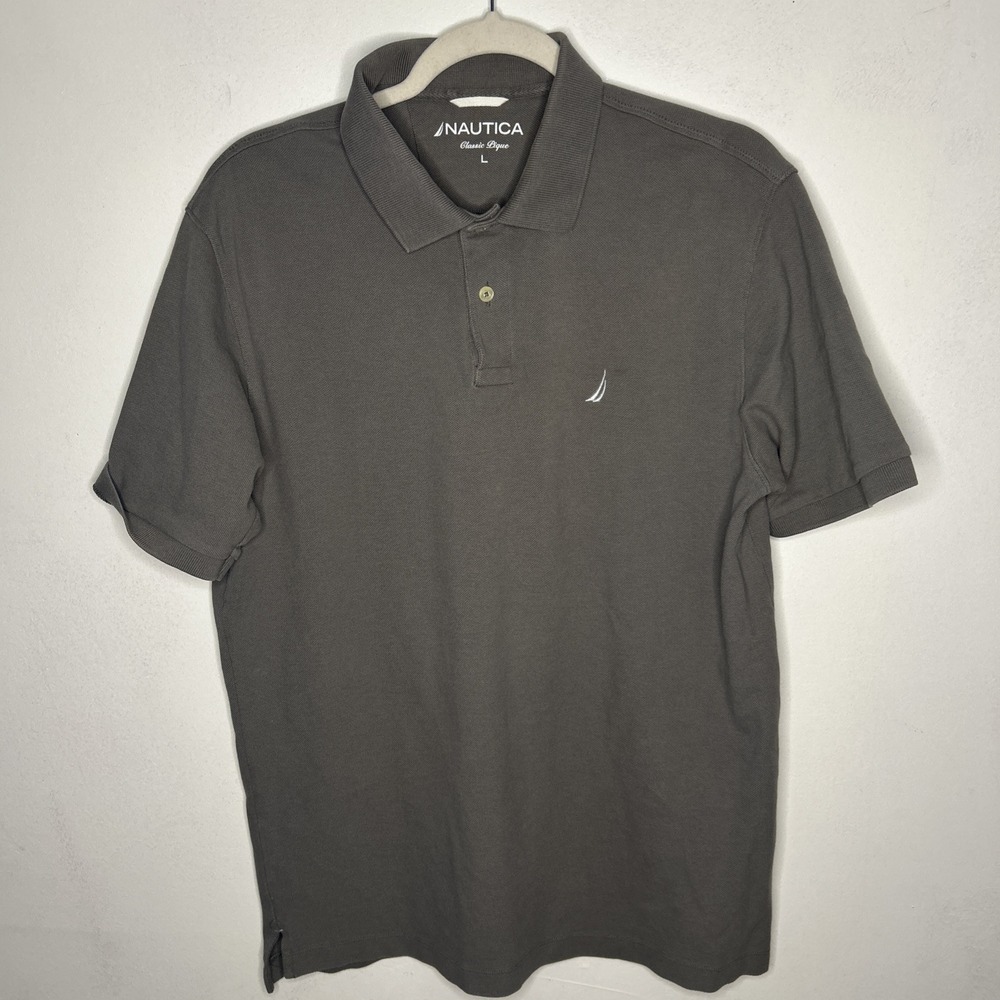 Nautica Polo Shirt Men's Large Gray Short Sleeve 100% Cotton Collar Solid